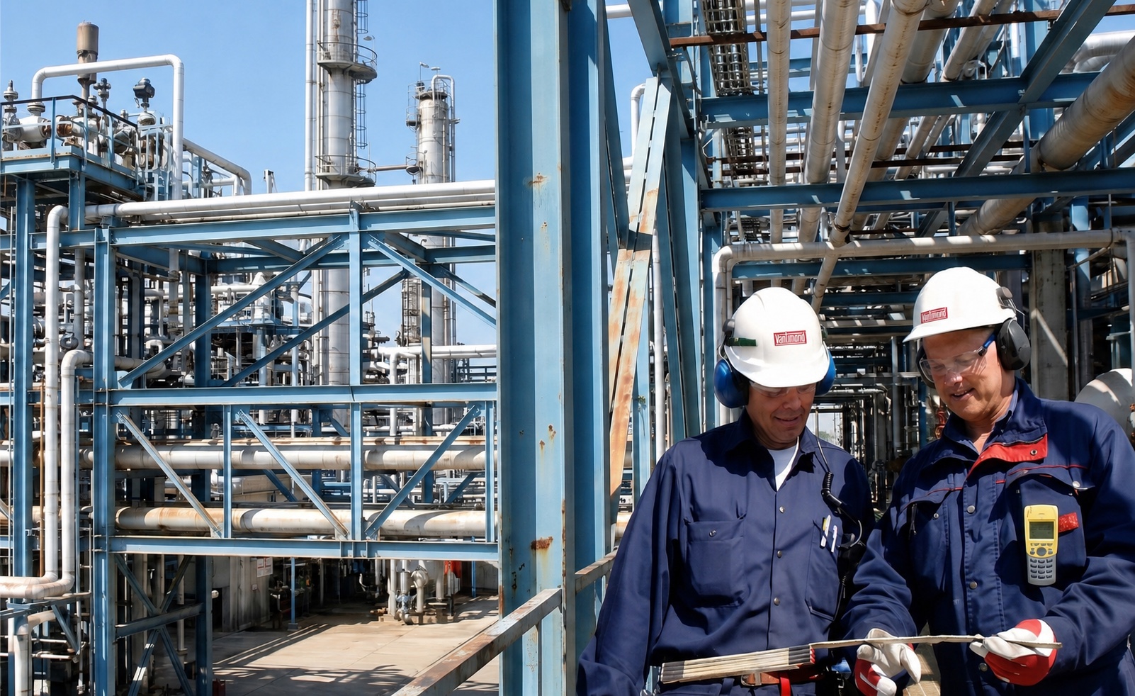 Two industrial workers wearing Vantimond branded safety helmets inside a process facility